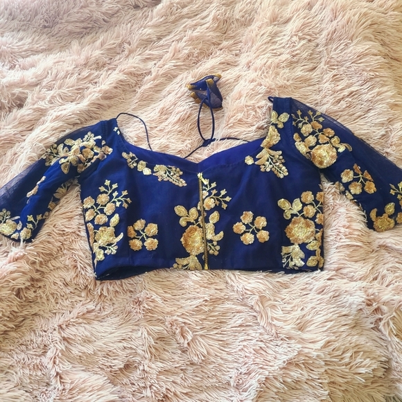 Royal Blue Lehenga Blouse With Gold Detailing - Picture 3 of 10